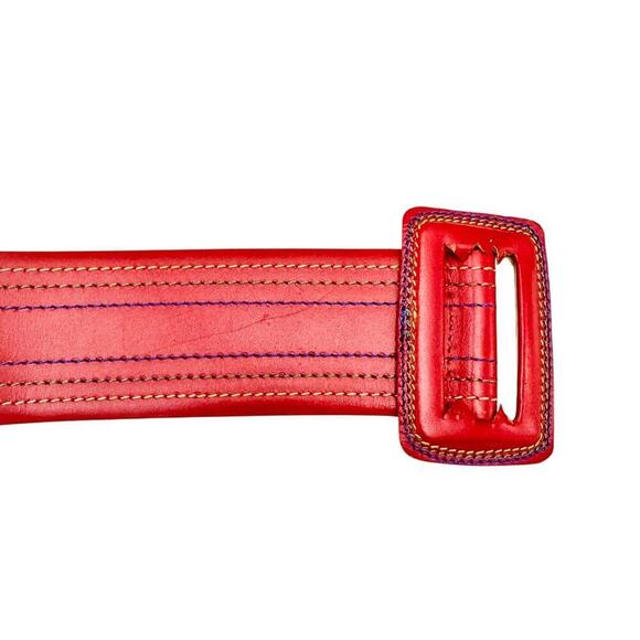 Guy Laroche France Vintage Red Leather Belt Colorful Stitching Size 28 - Picture 1 of 7